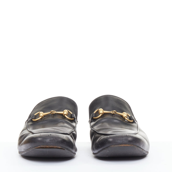 GUCCI Princetown black smooth leather gold horsebit mule loafers UK8 EU42