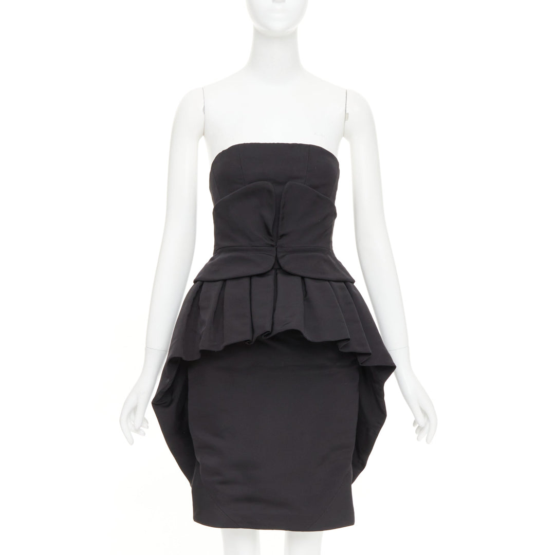 ZAC POSEN black silk structural peplum ruffled boned corset mini dress US2 S