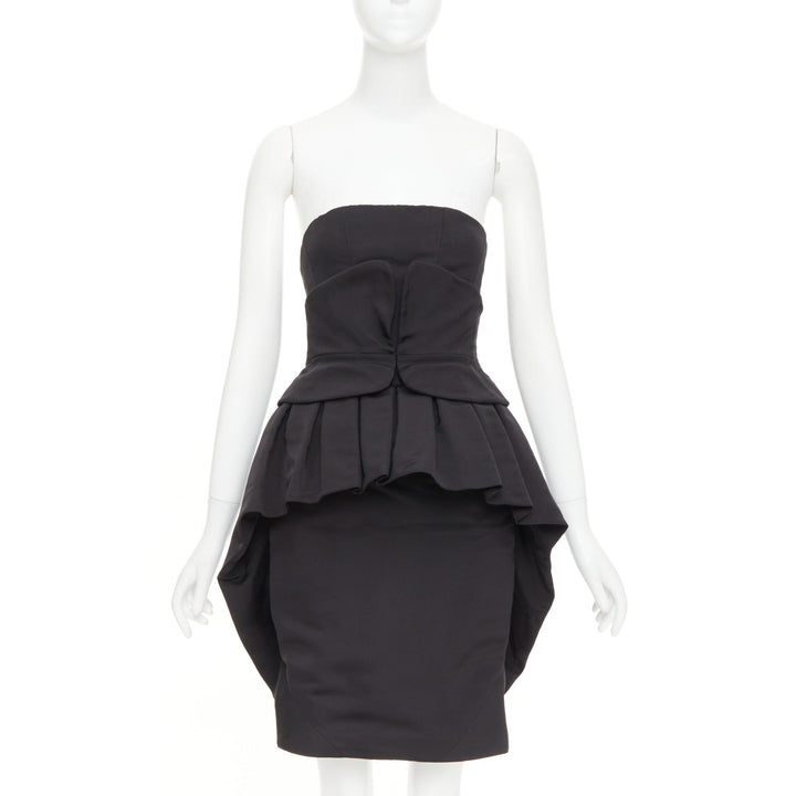 ZAC POSEN black silk structural peplum ruffled boned corset mini dress US2 S