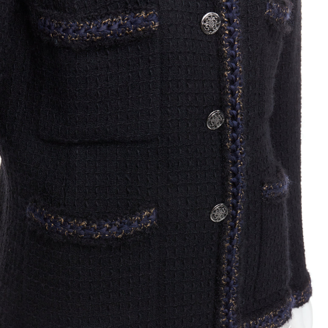 CHANEL 10A Paris Shanghai Runway black tweed crochet trim 4 pocket jacket FR46