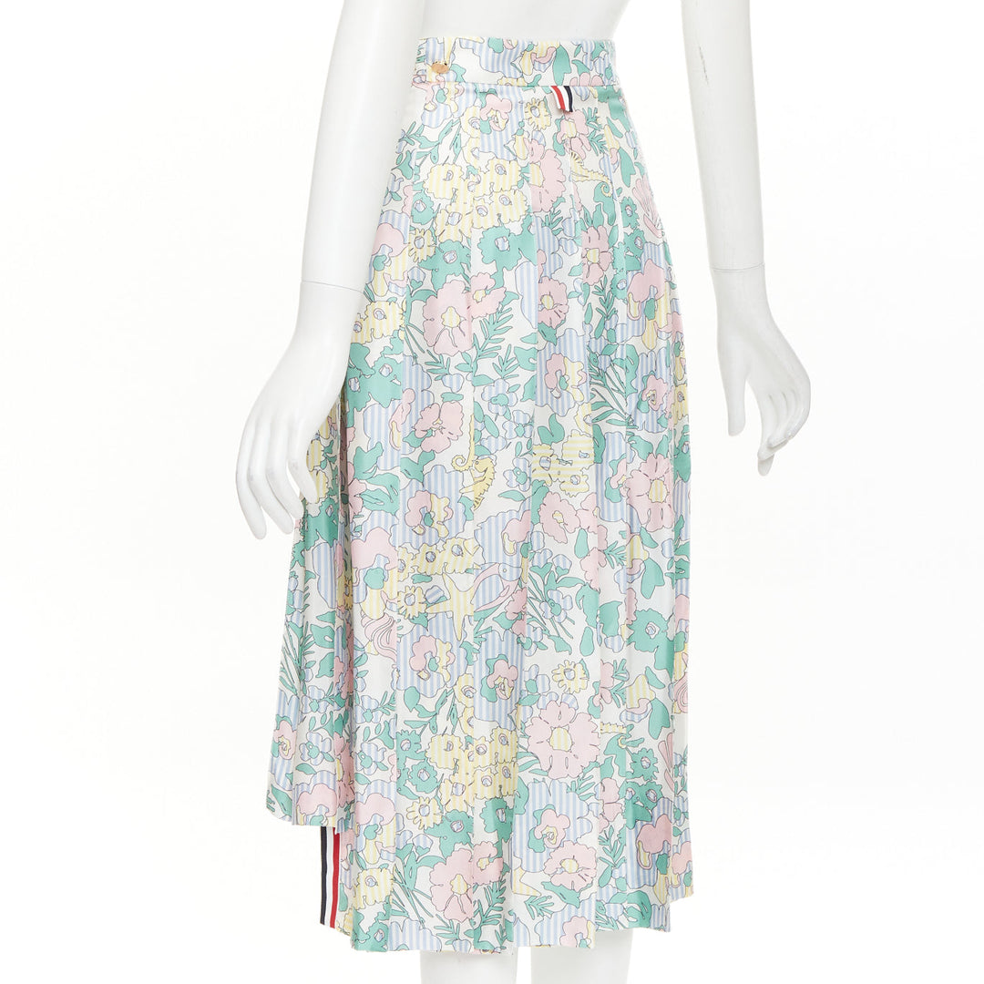 THOM BROWNE green pink yellow silk floral marine motif midi skirt IT36 XXS