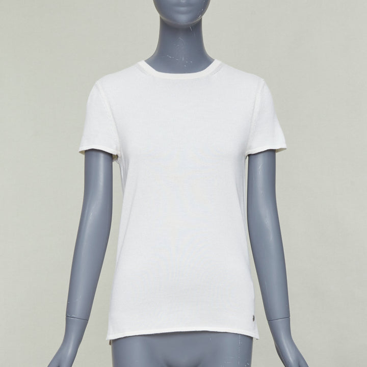HERMES beige cashmere silk silver H charm short sleeve pullover sweater FR36 S