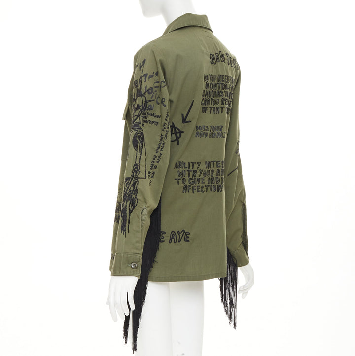 R13 2019 Repurposed Embroidered Surplus Fringe olive military shirt OS