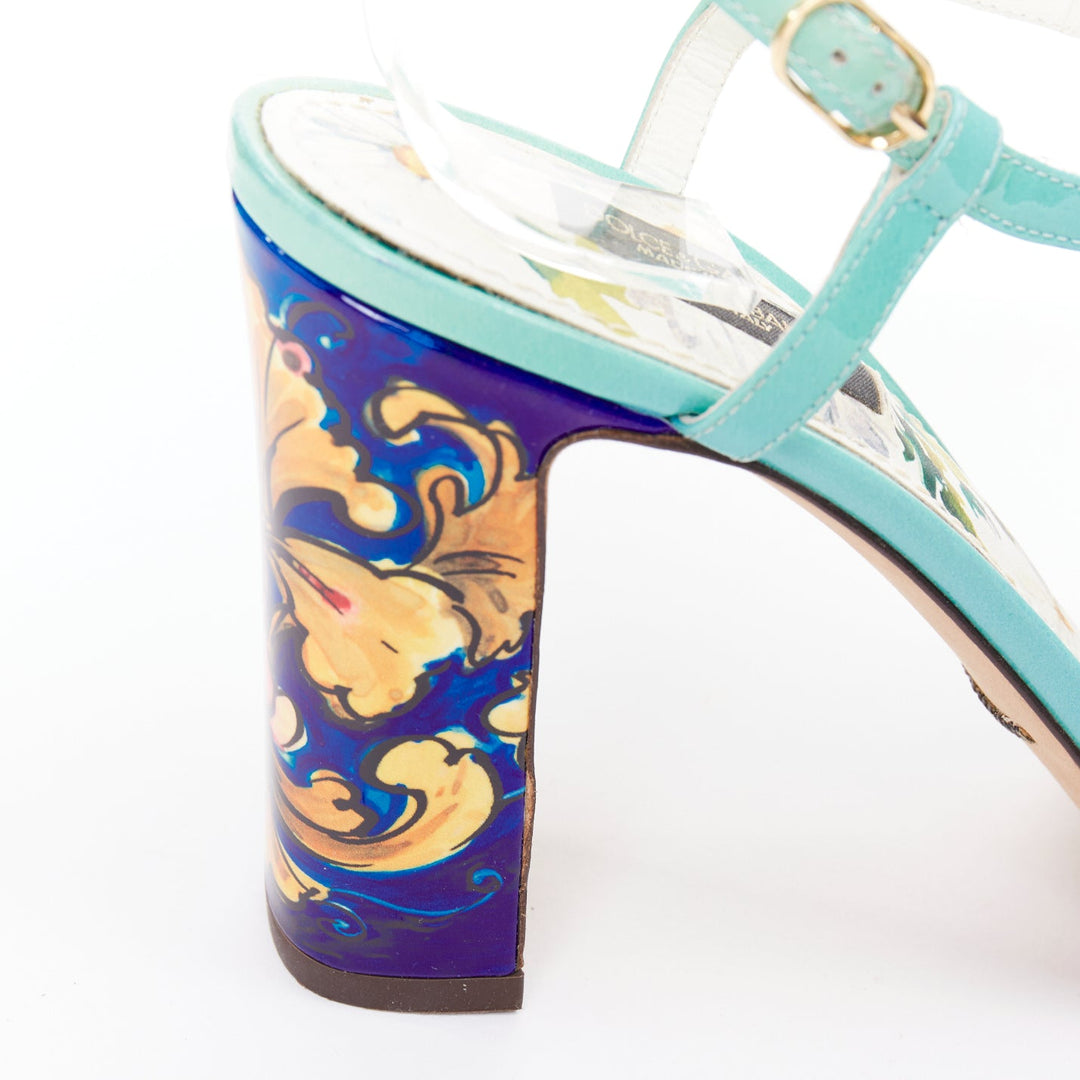 DOLCE GABBANA Majolica print floral embellished  T-strap high heel sandals EU39