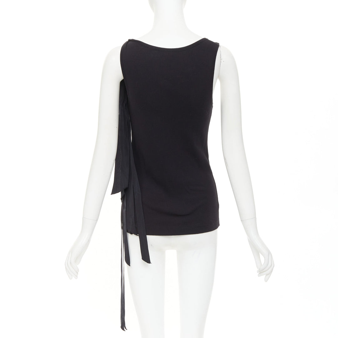 DRIES VAN NOTEN 2020 black ribbed cotton long ribbon shoulder tank top M