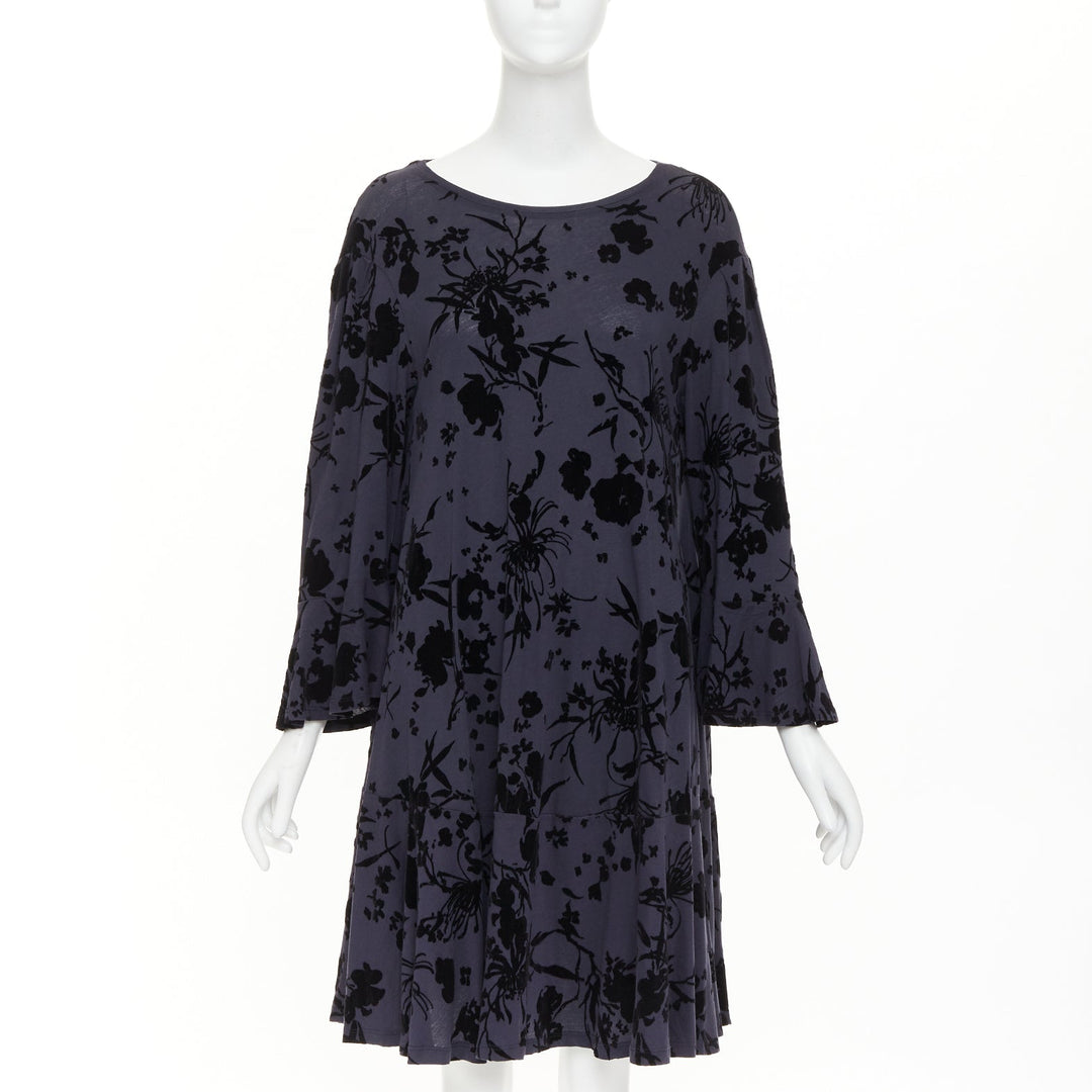 DRIES VAN NOTEN grey cotton black velvet damask floral flock print dress XS