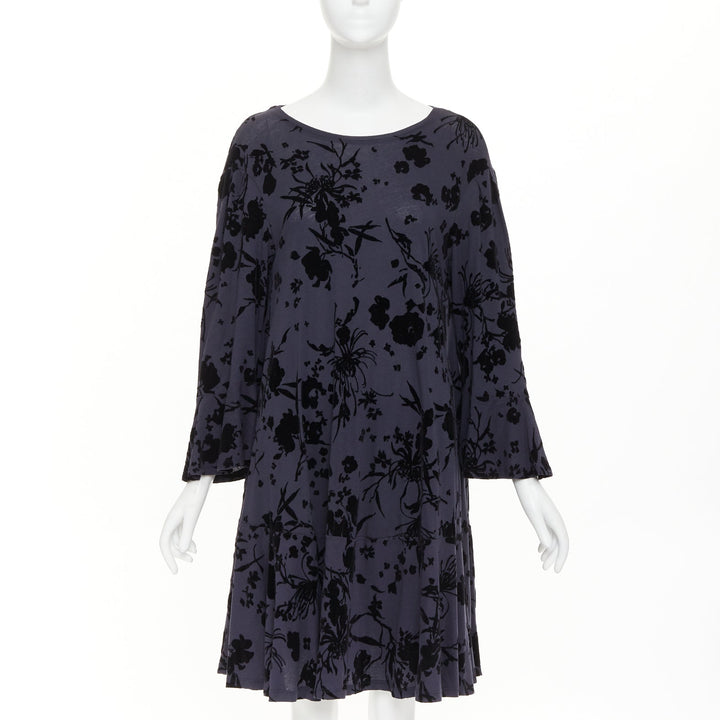 DRIES VAN NOTEN grey cotton black velvet damask floral flock print dress XS