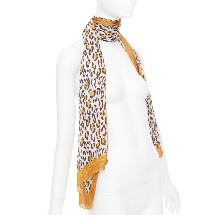 FENDI 100% silk brown leopard print logo border long rectangular scarf