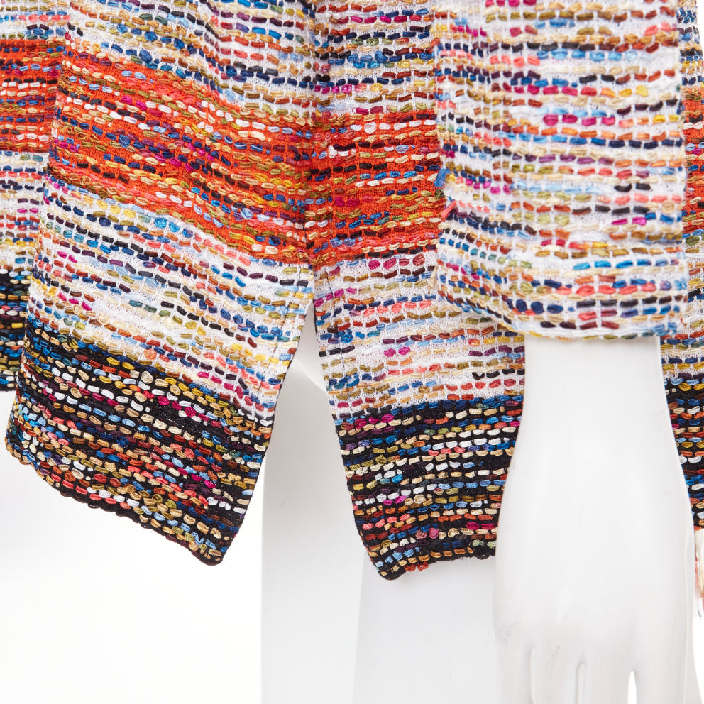 ST JOHN COUTURE multicolor rainbow ribbon trim tweed fringe knit cardigan M