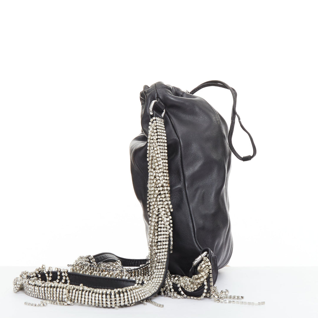 KARA black leather white logo strass fringe crystal mini backpack bag