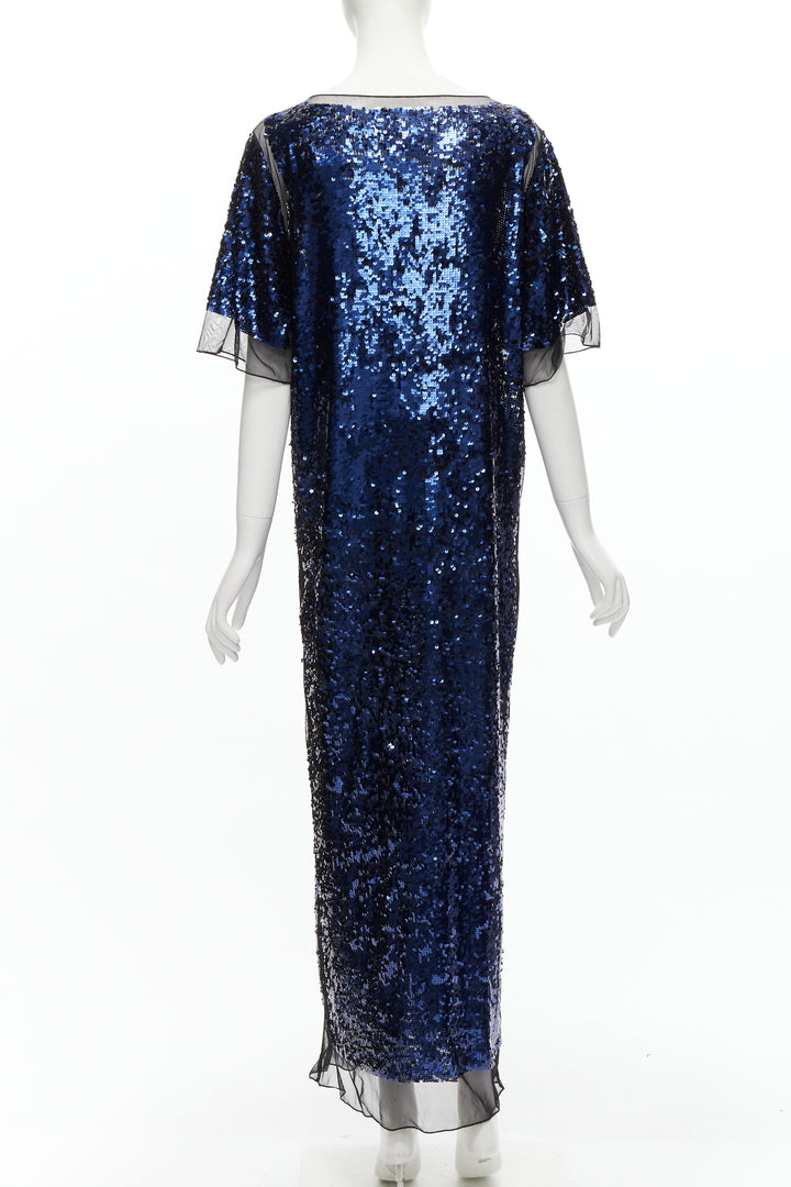 BY MALENE BIRGER blue sequins overlay black sheer evening gown dress M