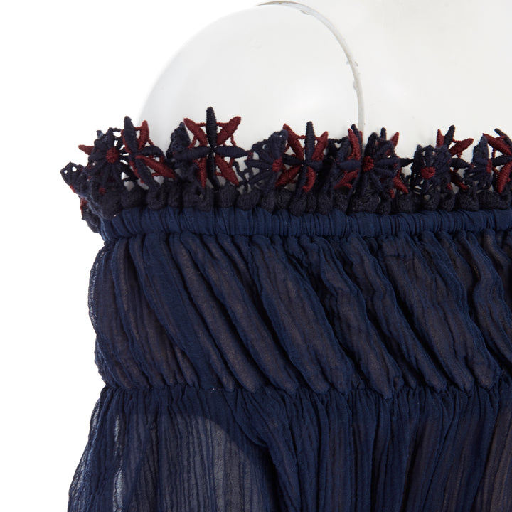 CHLOE navy embroidery lace trim off shoulder boho dress FR36 S