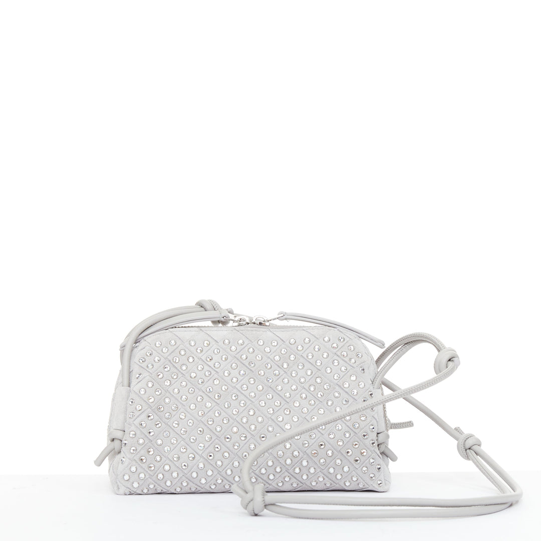 BOTTEGA VENETA 2024 Concert Pouch grey suede strass intrecciato woven bag