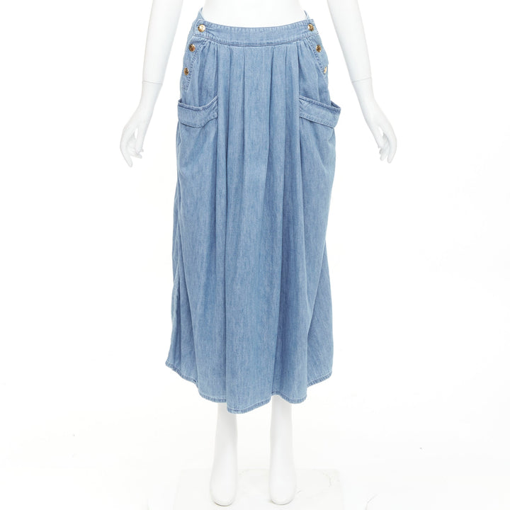 CELINE light blue cotton washed denim gold triomphe logo button midi skirt 27"