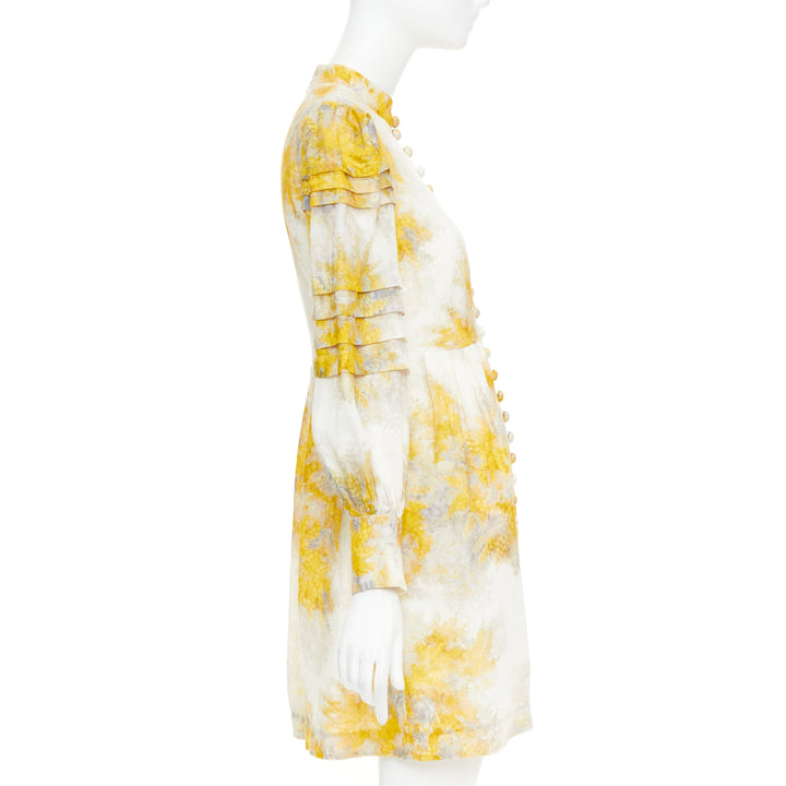 ZIMMERMANN 2021 Botanica yellow grey linen Wattle floral puff sleeve dress Sz1 S