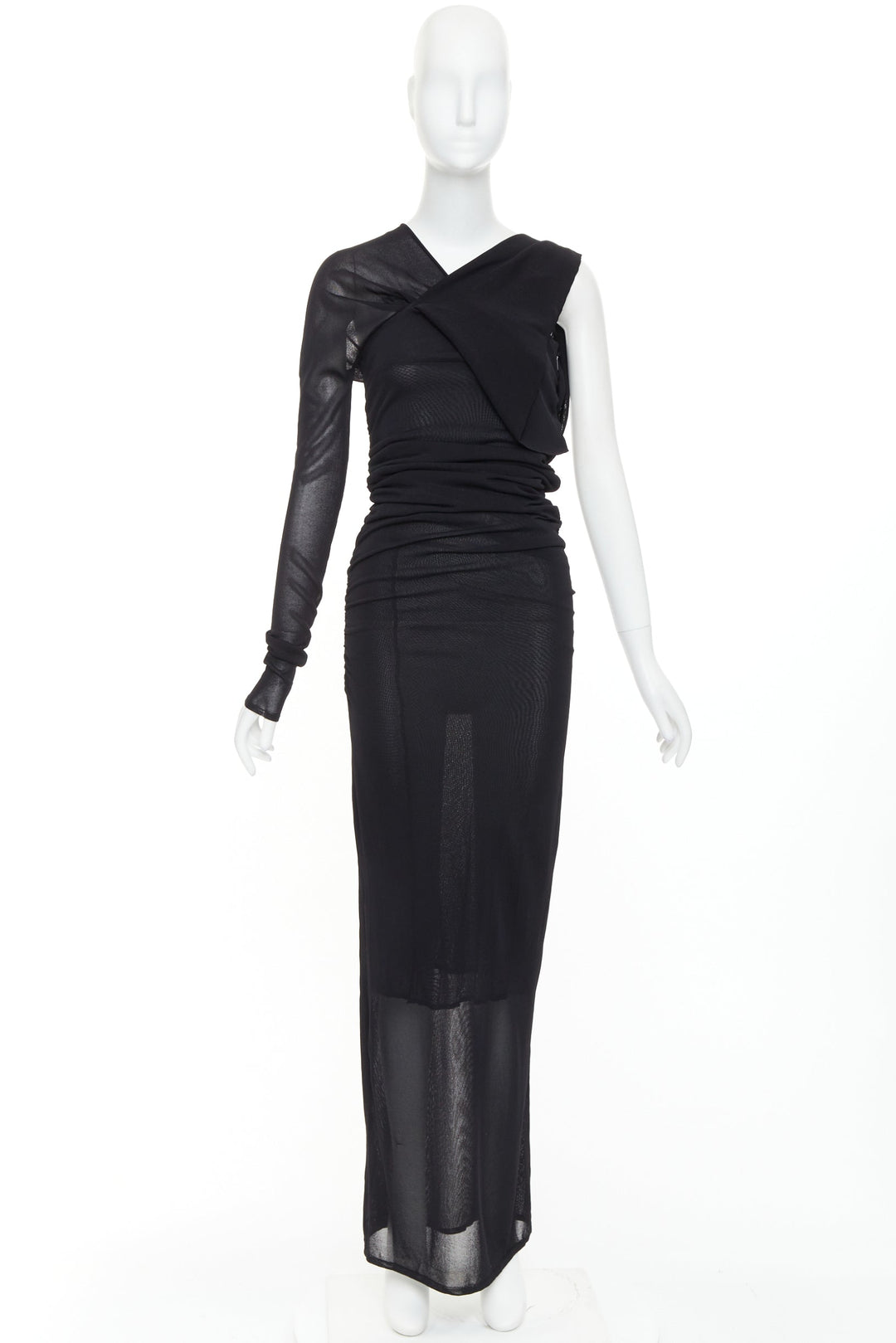 SAINT LAURENT 2023 black viscose ruched one shoulder semi sheer dress XS