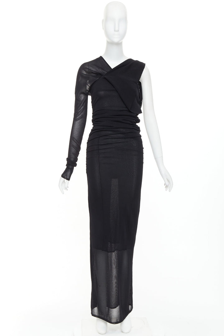 SAINT LAURENT 2023 black viscose ruched one shoulder semi sheer dress XS