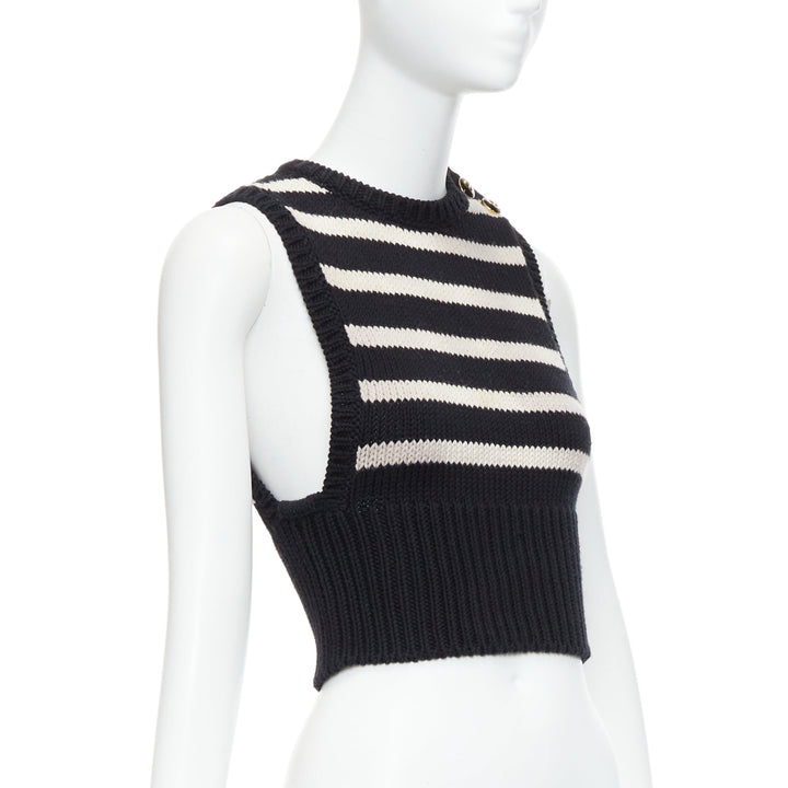 CHRISTIAN DIOR black cream cotton cashmere striped CD cropped vest FR34 XS