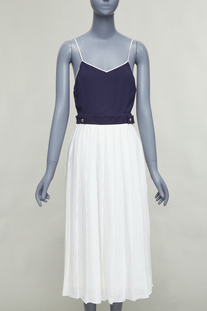 VVB VICTORIA BECKHAM navy white pleated buttoned strappy midi dress