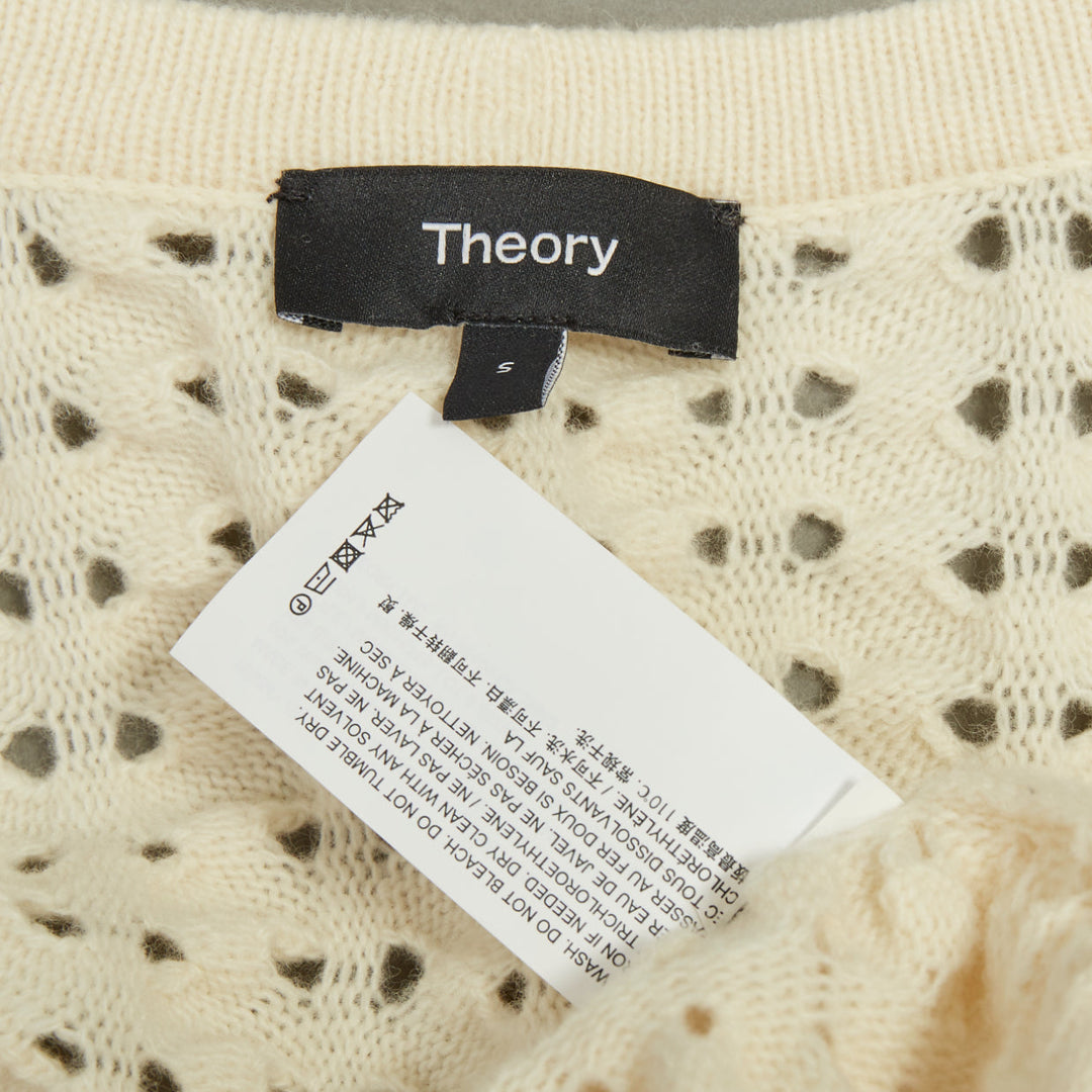 THEORY cream white wool cashmere open knit cable cropped knit cardigan S