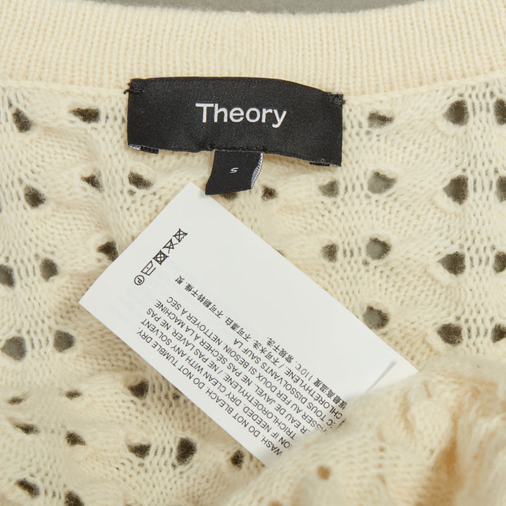THEORY cream white wool cashmere open knit cable cropped knit cardigan S