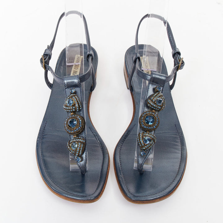 MANOLO BLAHNIK Vintage blue metallic jewel embellished tstrap sandals EU37.5