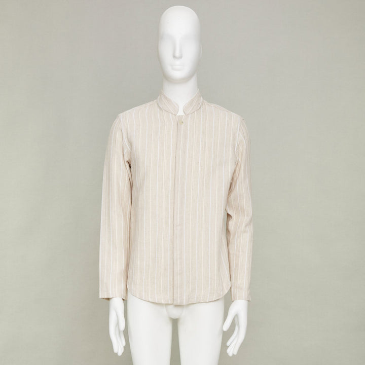 ADAMO beige vertical stripe mandarin collar button up long sleeve shirt M