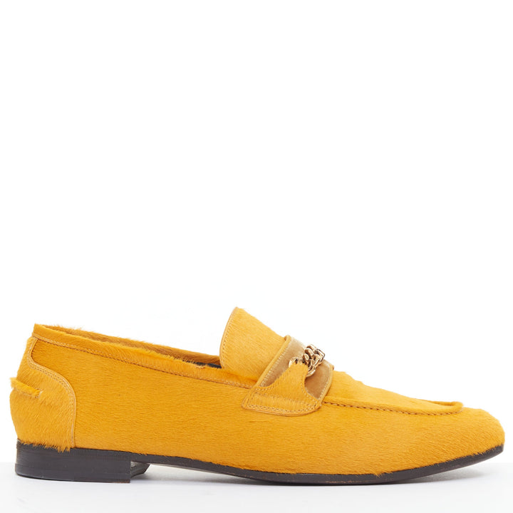 TOM FORD mustard yellow calf hair gold chain velvet moccasin loafers UK8 EU42