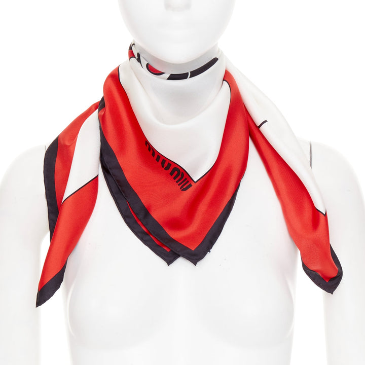 MIU MIU 2020 Disney Minnie Mouse red white black silk twill logo cartoon scarf