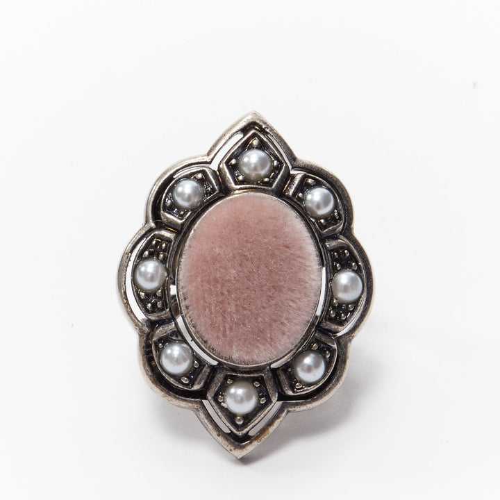 GUCCI Alessandro Michele pink velvet distressed silver oversized cocktail ring