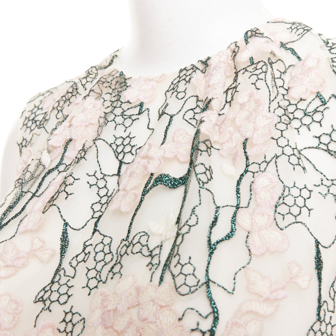 GIAMBATTISTA VALLI pink metallic green floral embroidered treillage top IT40 XS