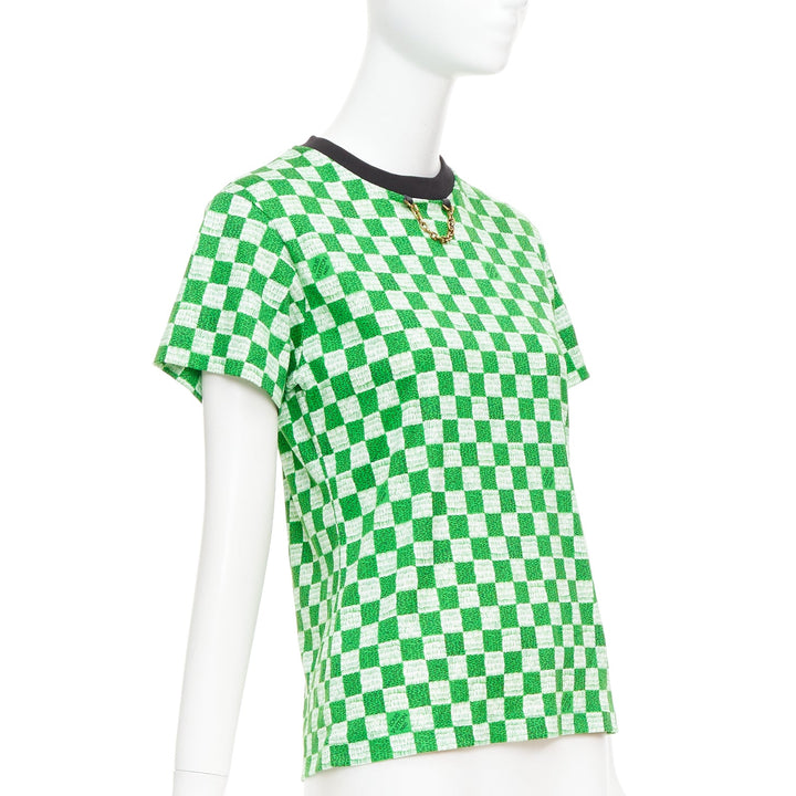 LOUIS VUITTON Damier green white cotton LV print chain detail tshirt XS