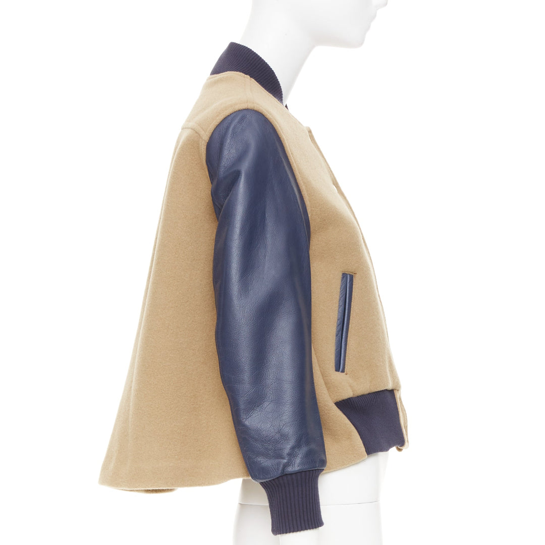 SACAI LUCK camel wool leather sleeve flared collegiate bomber jacket JP1 S