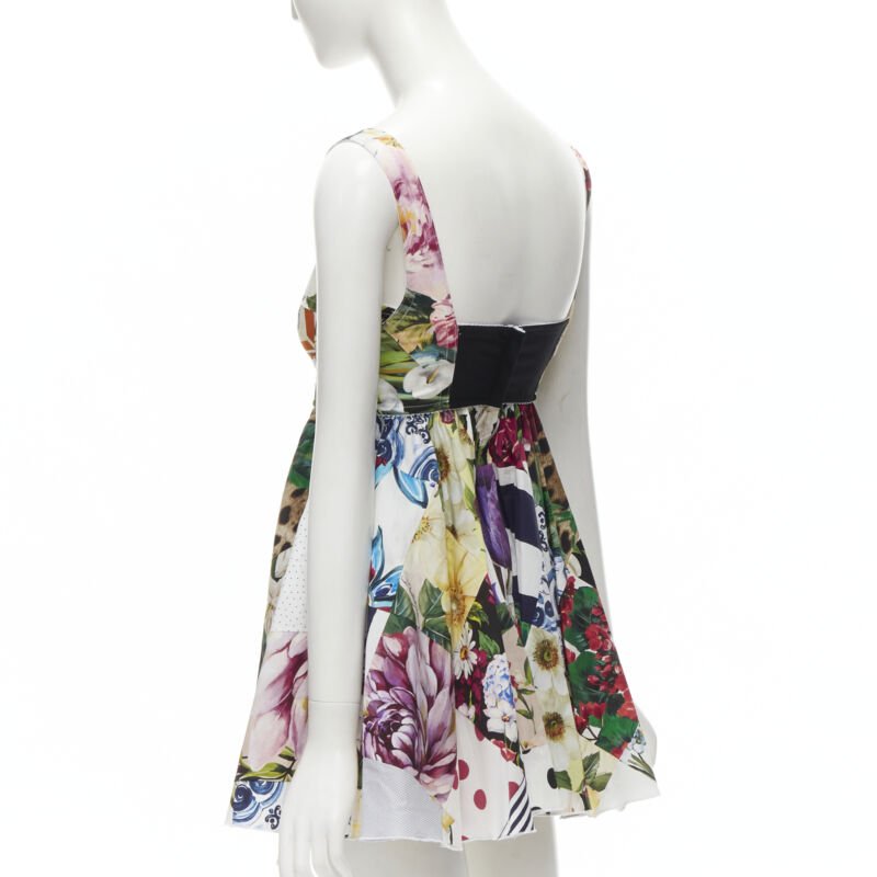 DOLCE GABBANA 2021 mixed patchwork floral boned bustier flared dress IT38 XS