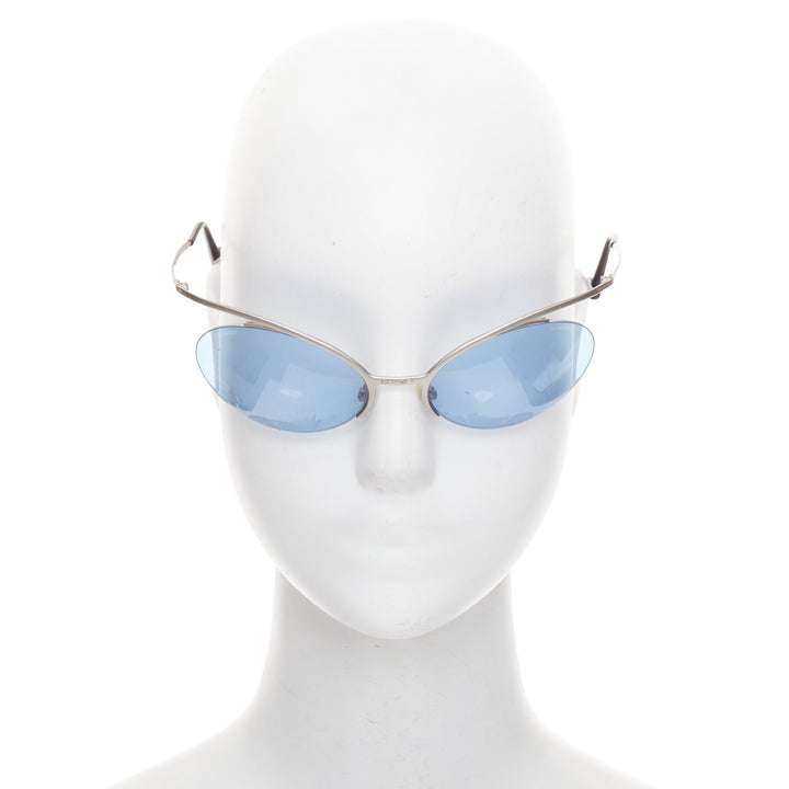 CHANEL Vintage 2000 Runway silver blue metal futuristic rimless sunglasses
