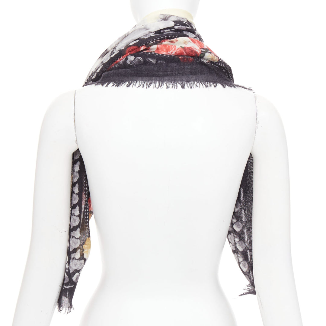GIVENCHY Riccardo Tisci black red cream wool rose print fringed trim scarf