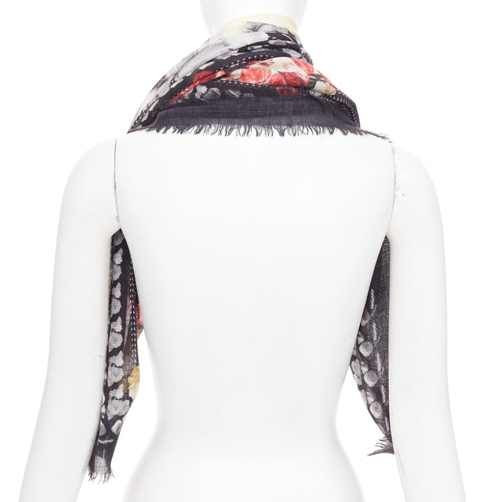 GIVENCHY Riccardo Tisci black red cream wool rose print fringed trim scarf