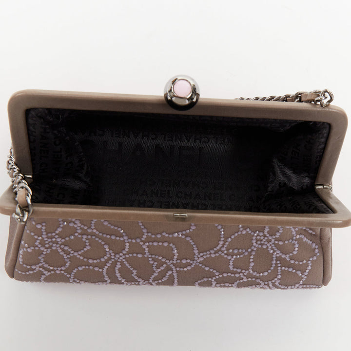 CHANEL 2000 pink pearl beaded grey satin crystal CC kiss lock frame clutch bag