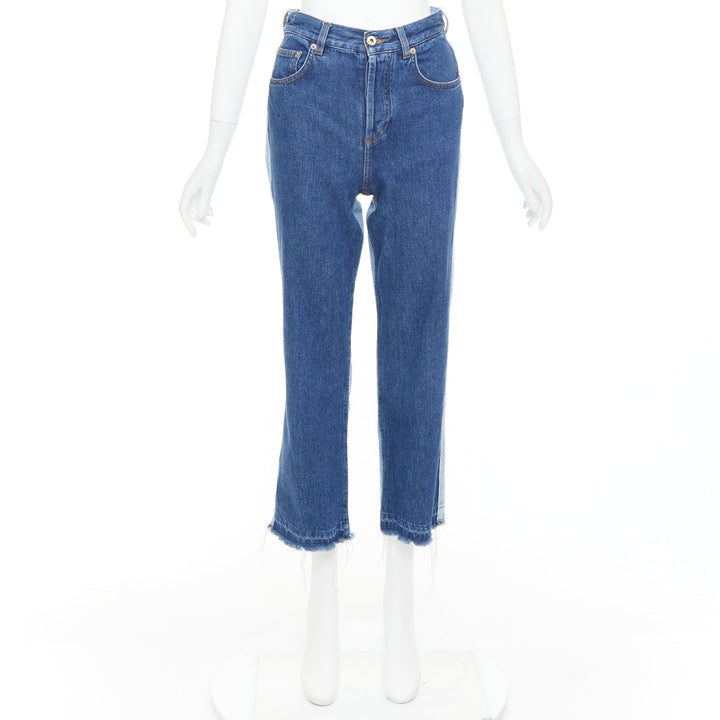 LOEWE blue washed frayed edge mismatch patchwork cropped jeans FR34 XS