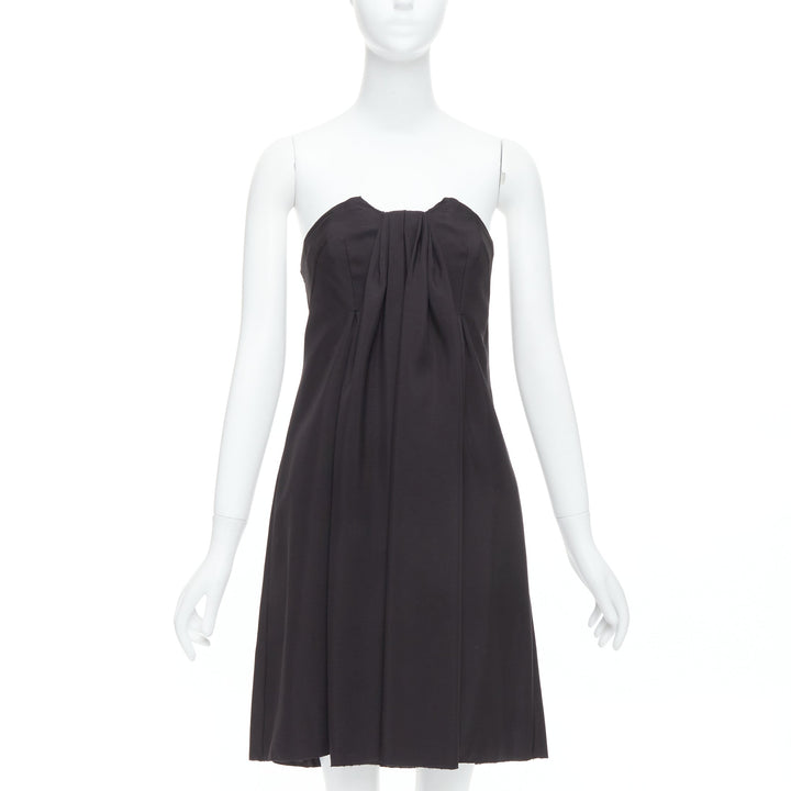 PRADA 2006 black pleat front corseted strapless dress IT38 XS