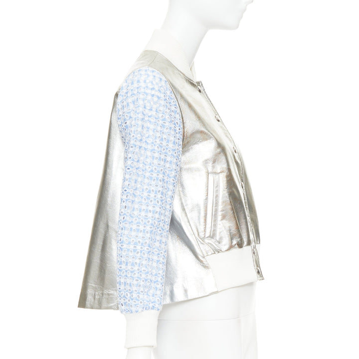 SACAI LUCK blue check embroidery anglais silver flared varsity jacket JP1 S