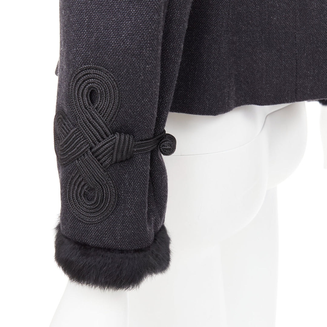 EMPORIO ARMANI grey virgin wool fur trim totem applique crop blazer IT42 M