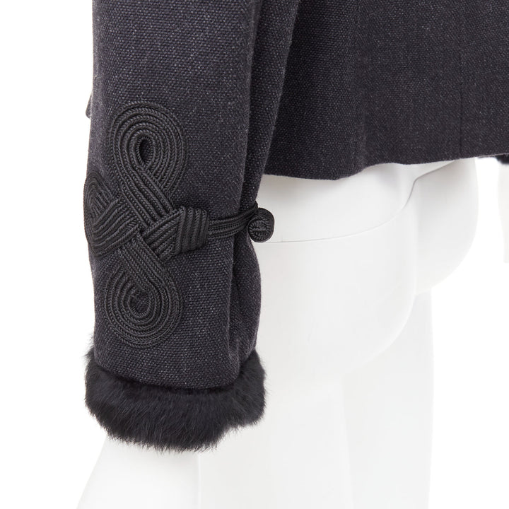 EMPORIO ARMANI grey virgin wool fur trim totem applique crop blazer IT42 M