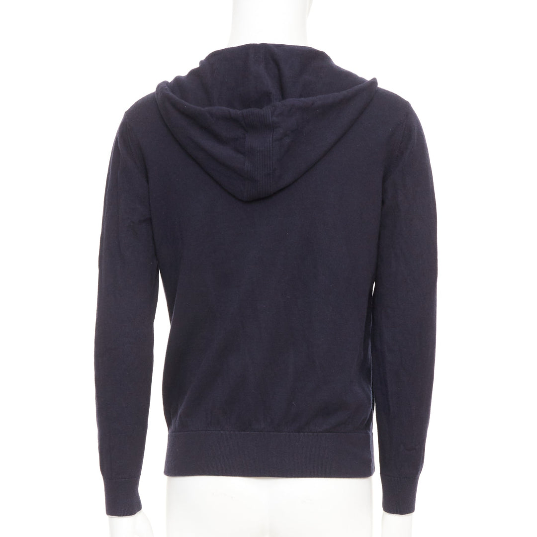 LORO PIANA navy cotton cashmere knit silver zip front hooded sweater hoodie M