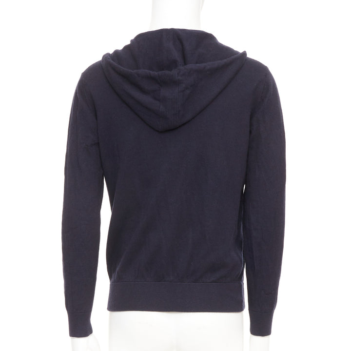 LORO PIANA navy cotton cashmere knit silver zip front hooded sweater hoodie M