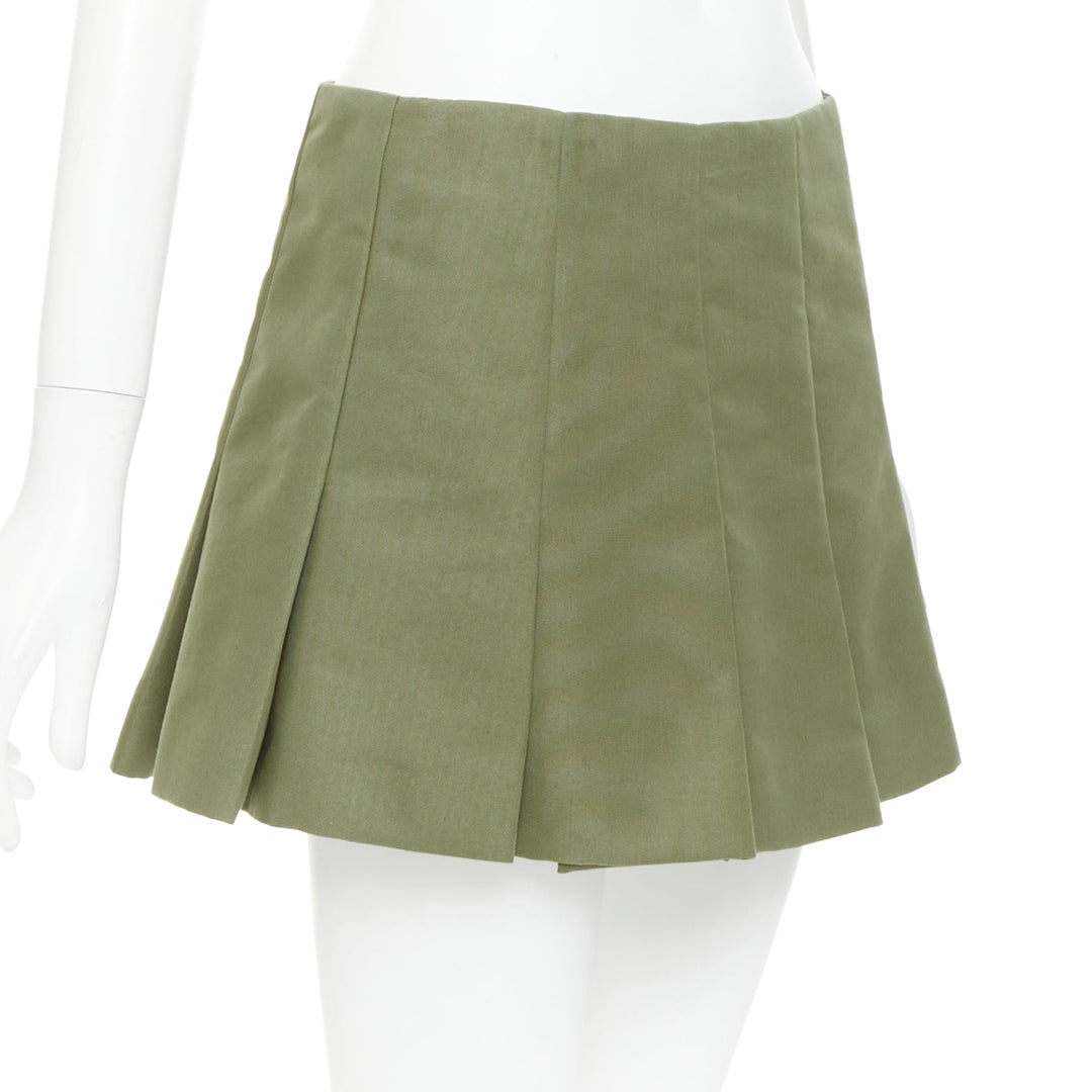 PRADA 2023 khaki green nylon canvas triangle logo plate pleat mini skirt IT38 XS