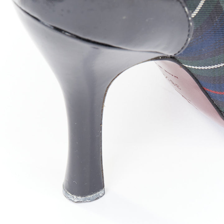 LOUIS VUITTON 2004 Runway green tartan black patent lace up heels pumps EU38.5