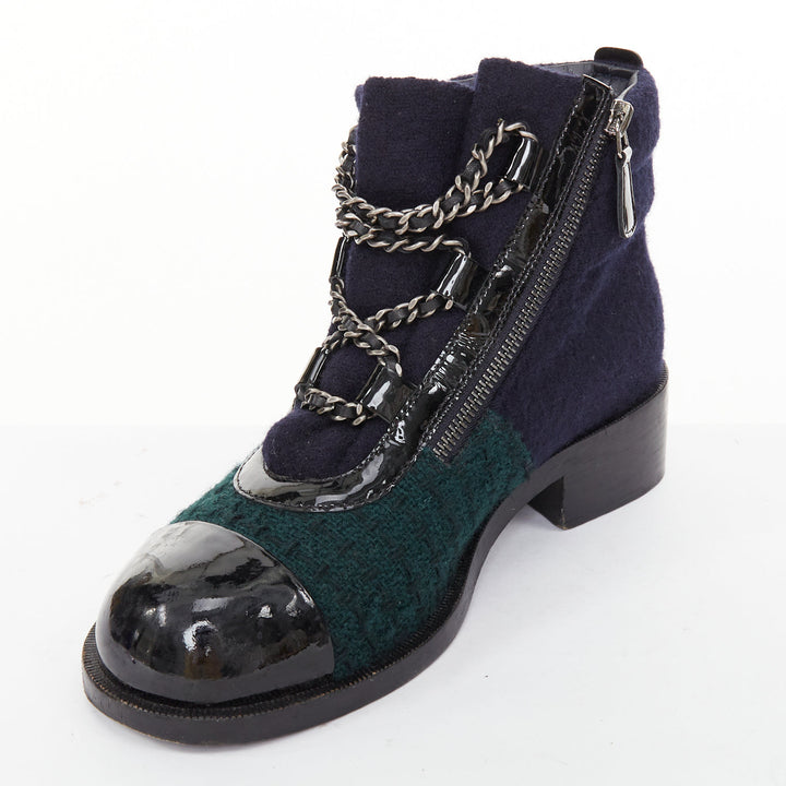 CHANEL 2015 Runway Paris Salzburg blue wool green tweed patent leather boot EU39