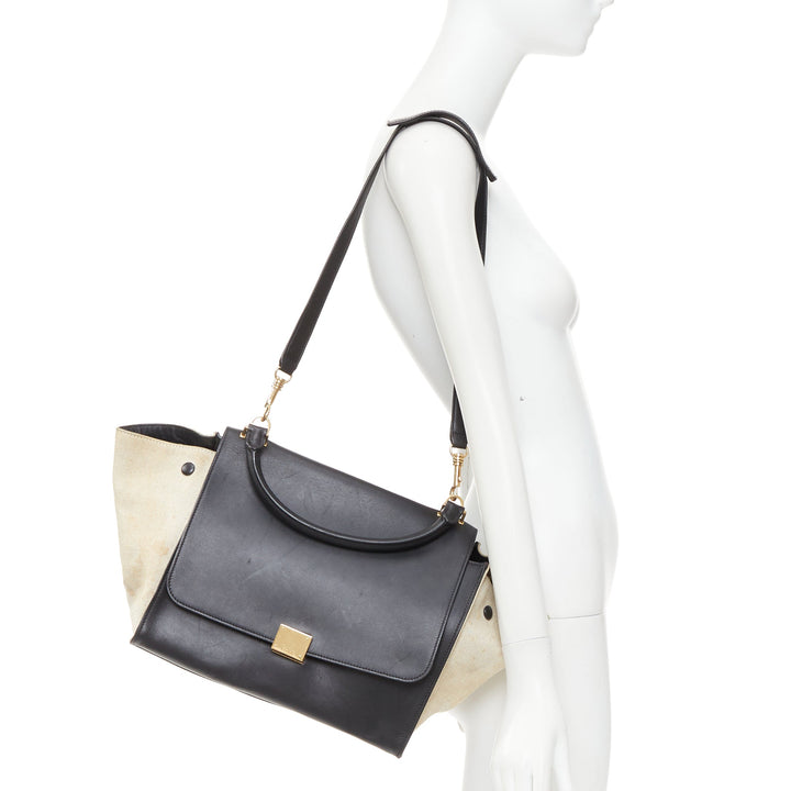 CELINE Trapeze black smooth leather cream canvas crossbody satchel bag