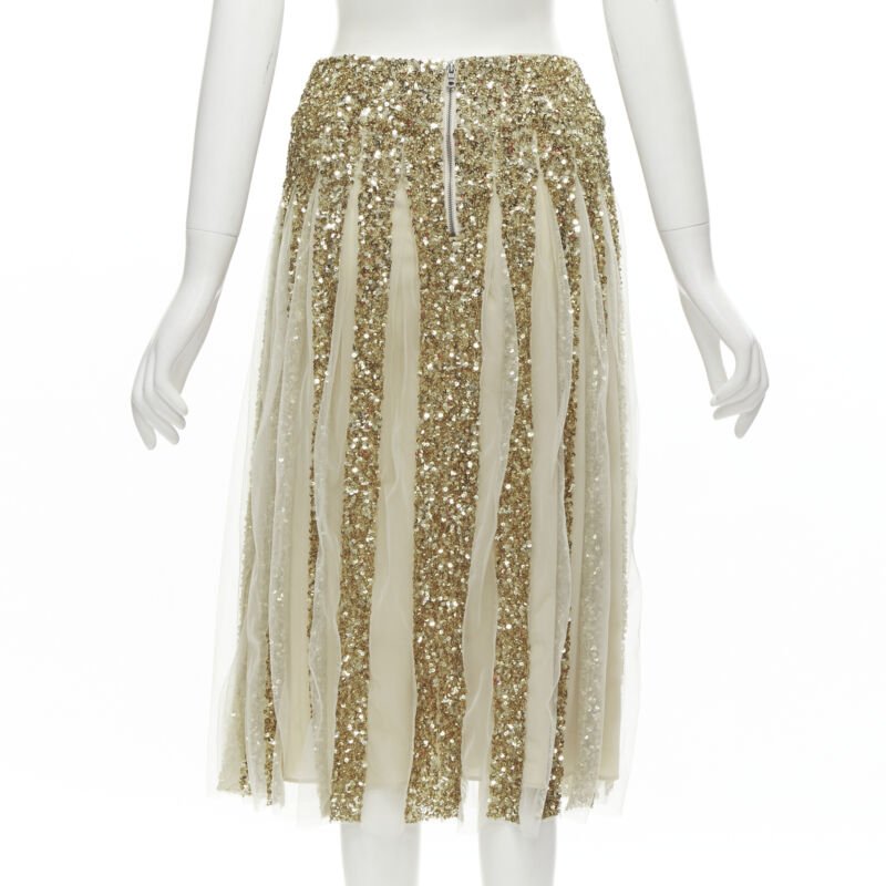 ALICE OLIVIA gold bling sequins sheer nude panel midi skirt US0 XS